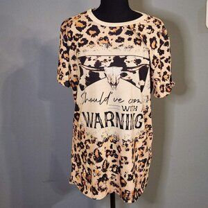XL Leopard Print Graphic Tee “Should’ve Come With A Warning” Cow Skull